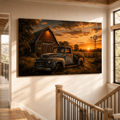 Rustic Sunset Memories – Vintage Farm Truck Canvas Wall Art - ART OF ROYALS