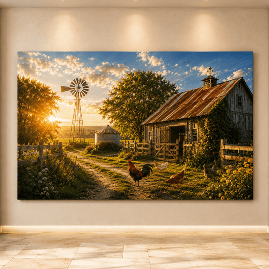 Golden Homestead Sunrise – Rustic Farmhouse Canvas Wall Art - ART OF ROYALS