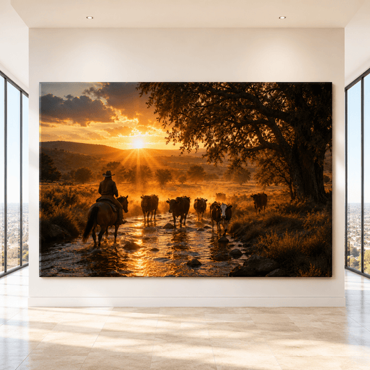 Golden Crossing – Cowboy Sunset Cattle Drive Canvas Wall Art - ART OF ROYALS