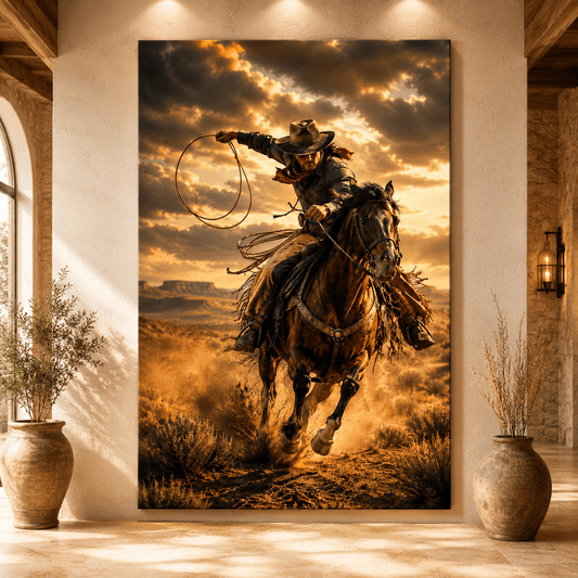 Frontier Pursuit – Cowboy Lasso Canvas Wall Art - ART OF ROYALS