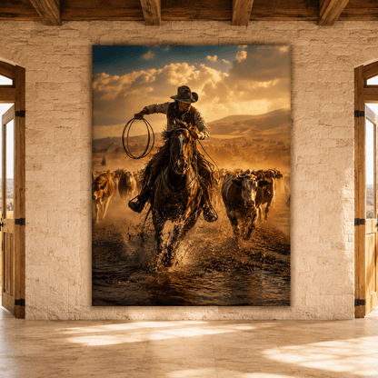 Thunder Run – Cowboy Cattle Drive Canvas Wall Art - ART OF ROYALS