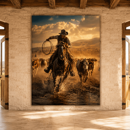 Thunder Run – Cowboy Cattle Drive Canvas Wall Art - ART OF ROYALS