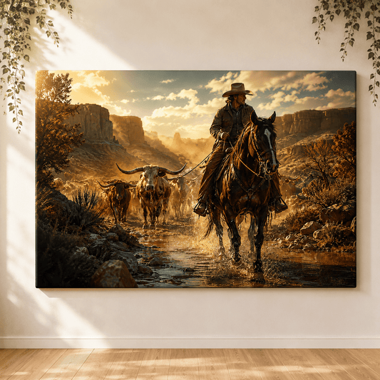 Frontier Crossing – Cowboy Cattle Drive Canvas Wall Art - ART OF ROYALS