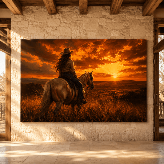 Sunset Rider – Cowgirl Horizon Canvas Wall Art - ART OF ROYALS