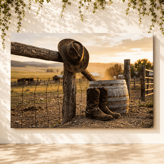 Last Light on the Ranch – Rustic Cowboy Hat & Boots Canvas Wall Art - ART OF ROYALS