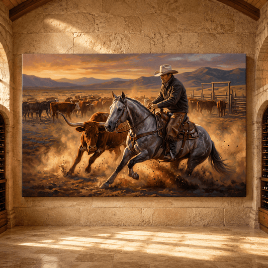 Frontier Precision – Cowboy Cutting Horse Canvas Wall Art - ART OF ROYALS