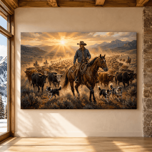 Epic Western Ranch Cowboy Canvas Wall Art – Cattle Drive & Mountain Landscape Decor - ART OF ROYALS