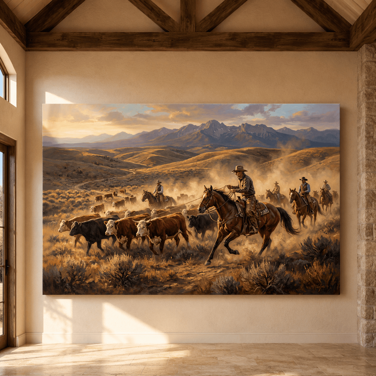 Western Cattle Drive Canvas Wall Art – Cowboy Ranch Landscape Artwork for Rustic Western Decor - ART OF ROYALS