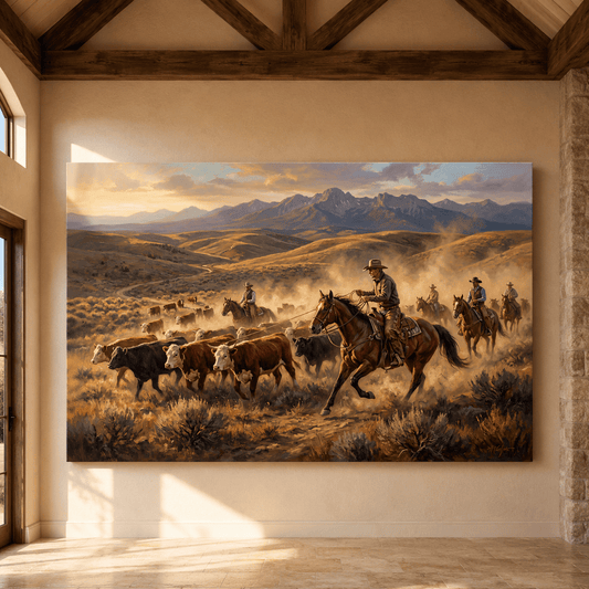 Western Cattle Drive Canvas Wall Art – Cowboy Ranch Landscape Artwork for Rustic Western Decor - ART OF ROYALS