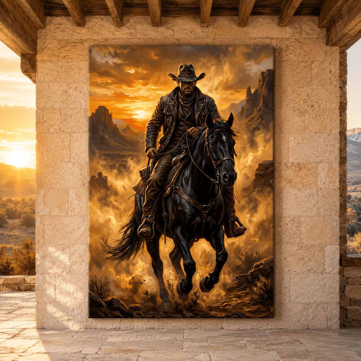 Legend of the Frontier Cowboy Canvas Wall Art – Dramatic Western Horse & Desert Sunset Artwork - ART OF ROYALS