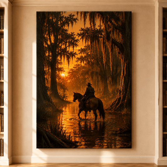 Bayou Crossing – Cowboy and Horse Sunset Canvas Wall Art - ART OF ROYALS