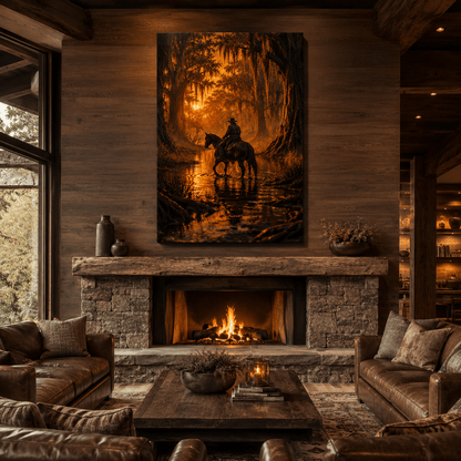 Bayou Crossing – Cowboy and Horse Sunset Canvas Wall Art - ART OF ROYALS
