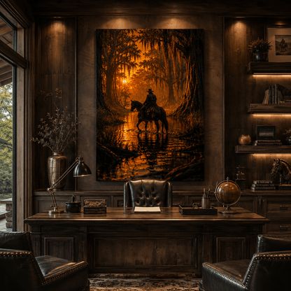 Bayou Crossing – Cowboy and Horse Sunset Canvas Wall Art - ART OF ROYALS