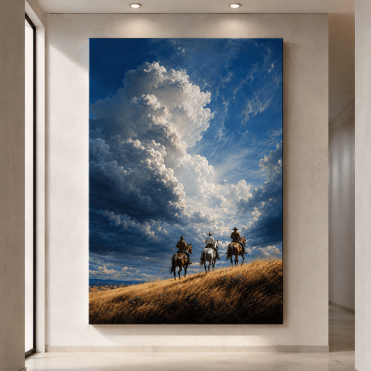 Big Sky Riders – Cowboys Under Storm Clouds Canvas Wall Art - ART OF ROYALS