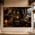 Mountain Man's Rest – Rustic Cabin Fireplace Canvas Wall Art