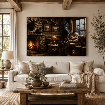 Mountain Man's Rest – Rustic Cabin Fireplace Canvas Wall Art - ART OF ROYALS