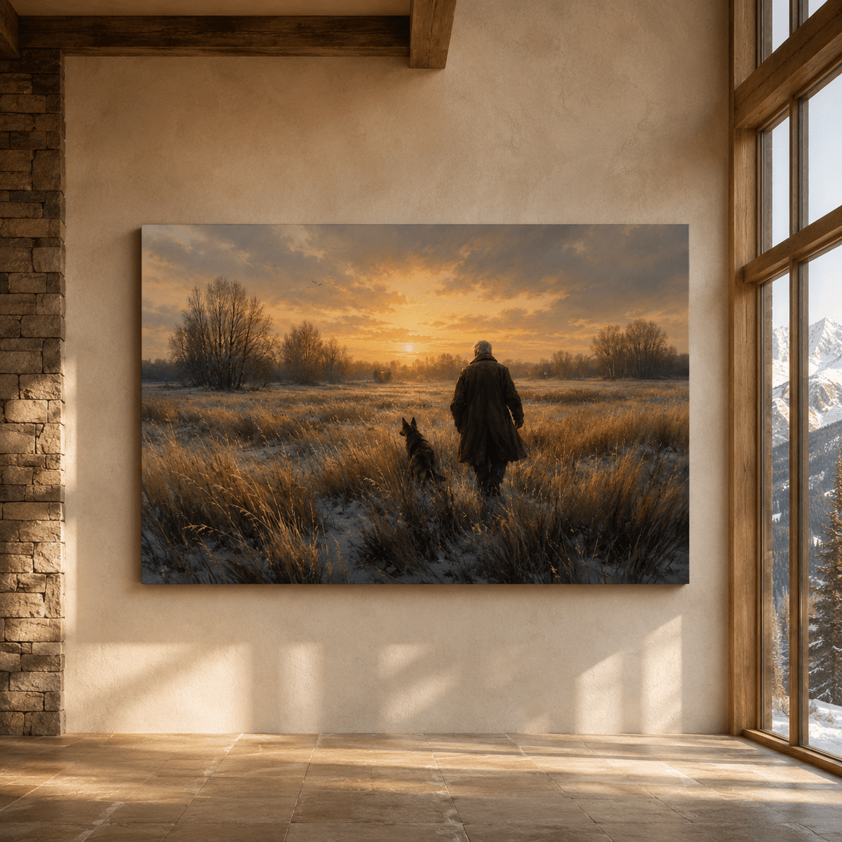 Winter Walk Home – Man and Dog Country Field Canvas Wall Art - ART OF ROYALS