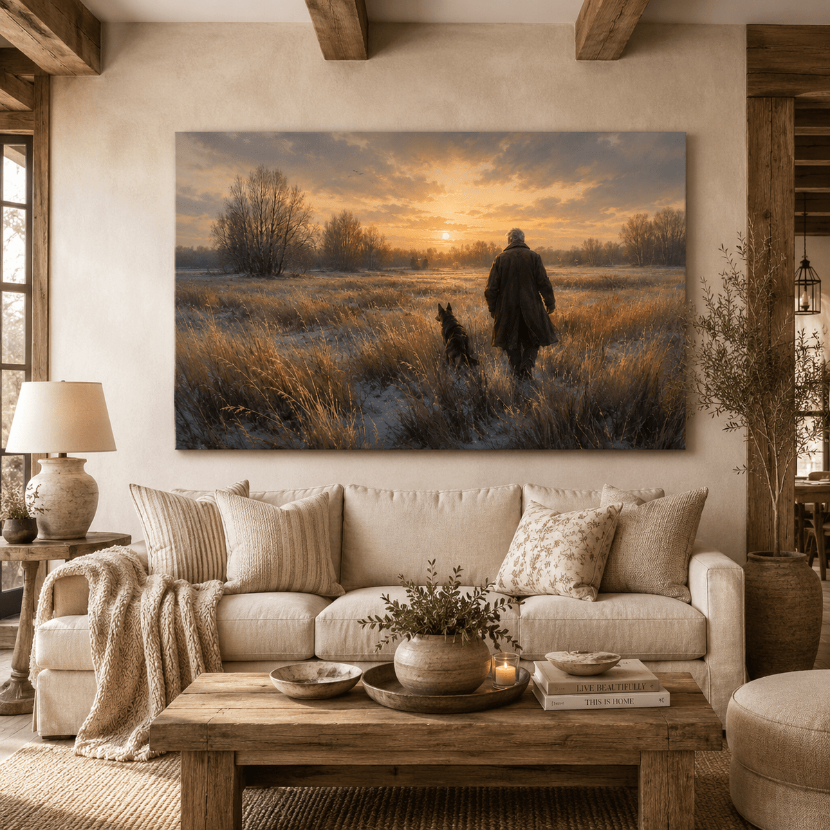 Winter Walk Home – Man and Dog Country Field Canvas Wall Art - ART OF ROYALS