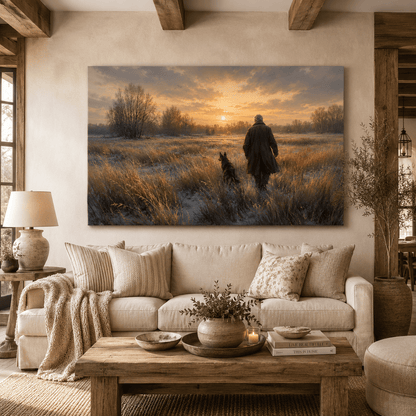 Winter Walk Home – Man and Dog Country Field Canvas Wall Art - ART OF ROYALS