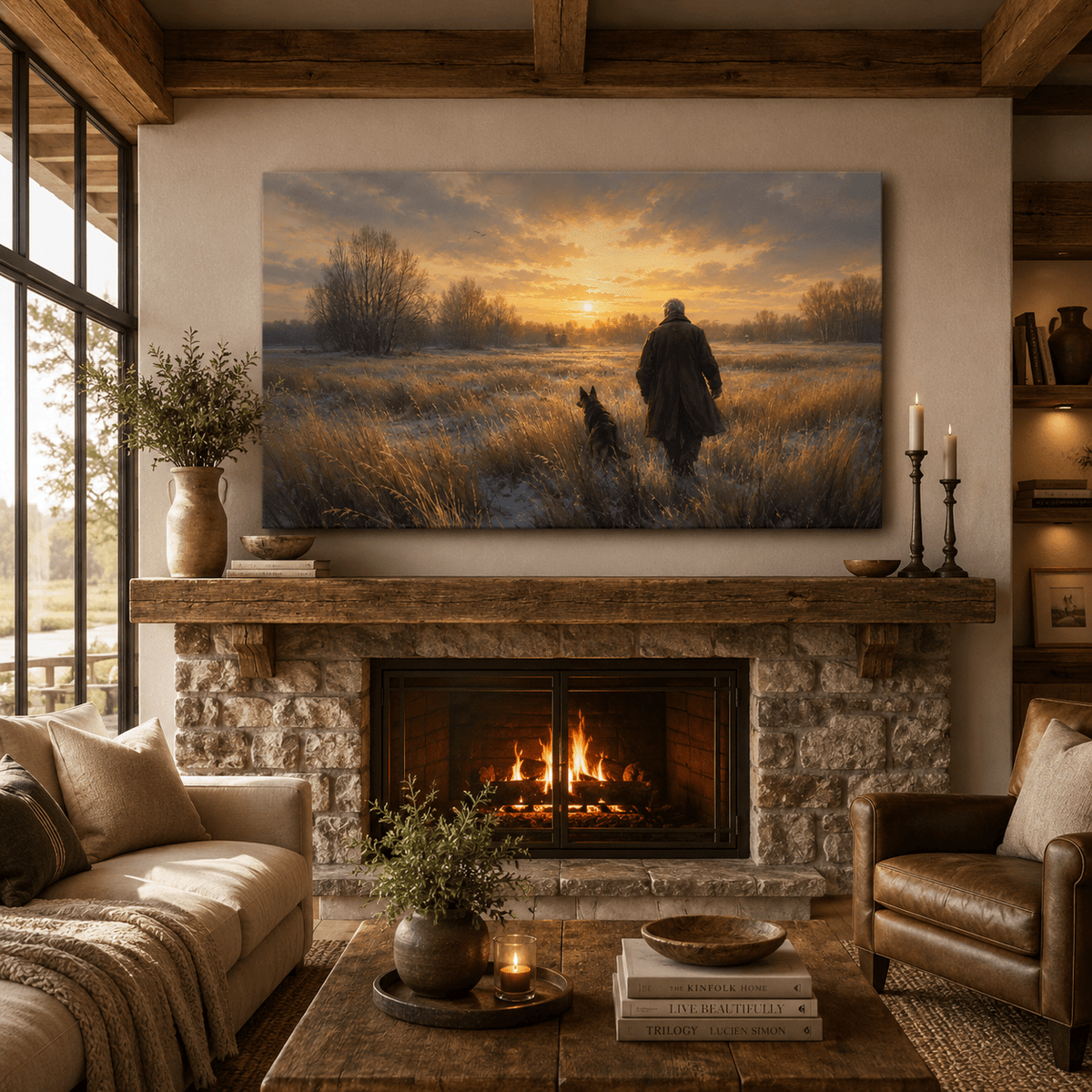 Winter Walk Home – Man and Dog Country Field Canvas Wall Art - ART OF ROYALS