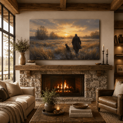 Winter Walk Home – Man and Dog Country Field Canvas Wall Art - ART OF ROYALS