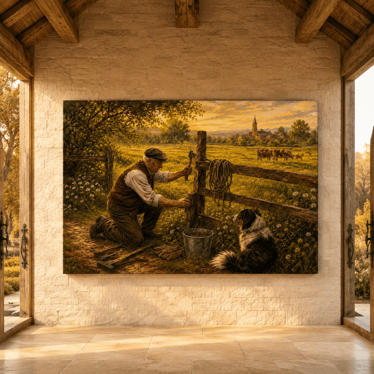 Mending the Fence Line – Farmer and Dog Pasture Canvas Wall Art - ART OF ROYALS