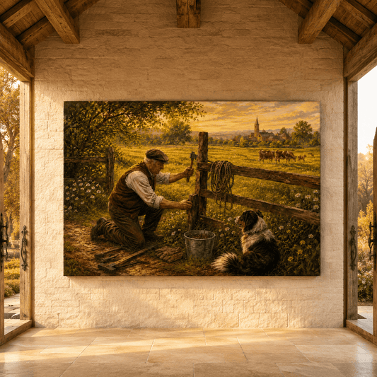 Mending the Fence Line – Farmer and Dog Pasture Canvas Wall Art - ART OF ROYALS