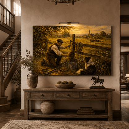 Mending the Fence Line – Farmer and Dog Pasture Canvas Wall Art - ART OF ROYALS