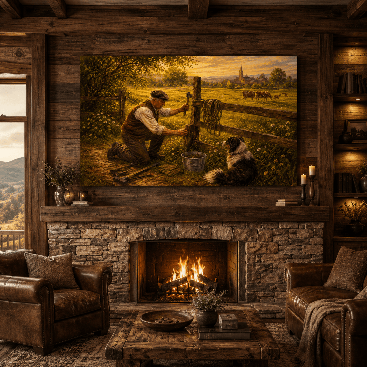 Mending the Fence Line – Farmer and Dog Pasture Canvas Wall Art - ART OF ROYALS