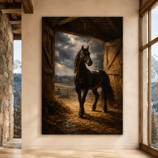 Barn Door Stallion – Black Horse Farmhouse Canvas Wall Art - ART OF ROYALS