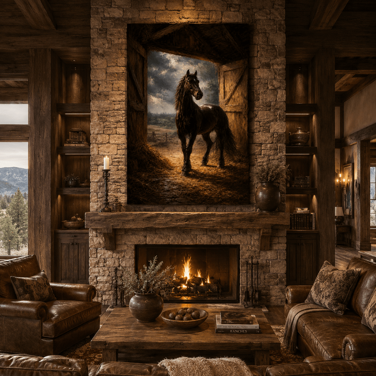 Barn Door Stallion – Black Horse Farmhouse Canvas Wall Art - ART OF ROYALS