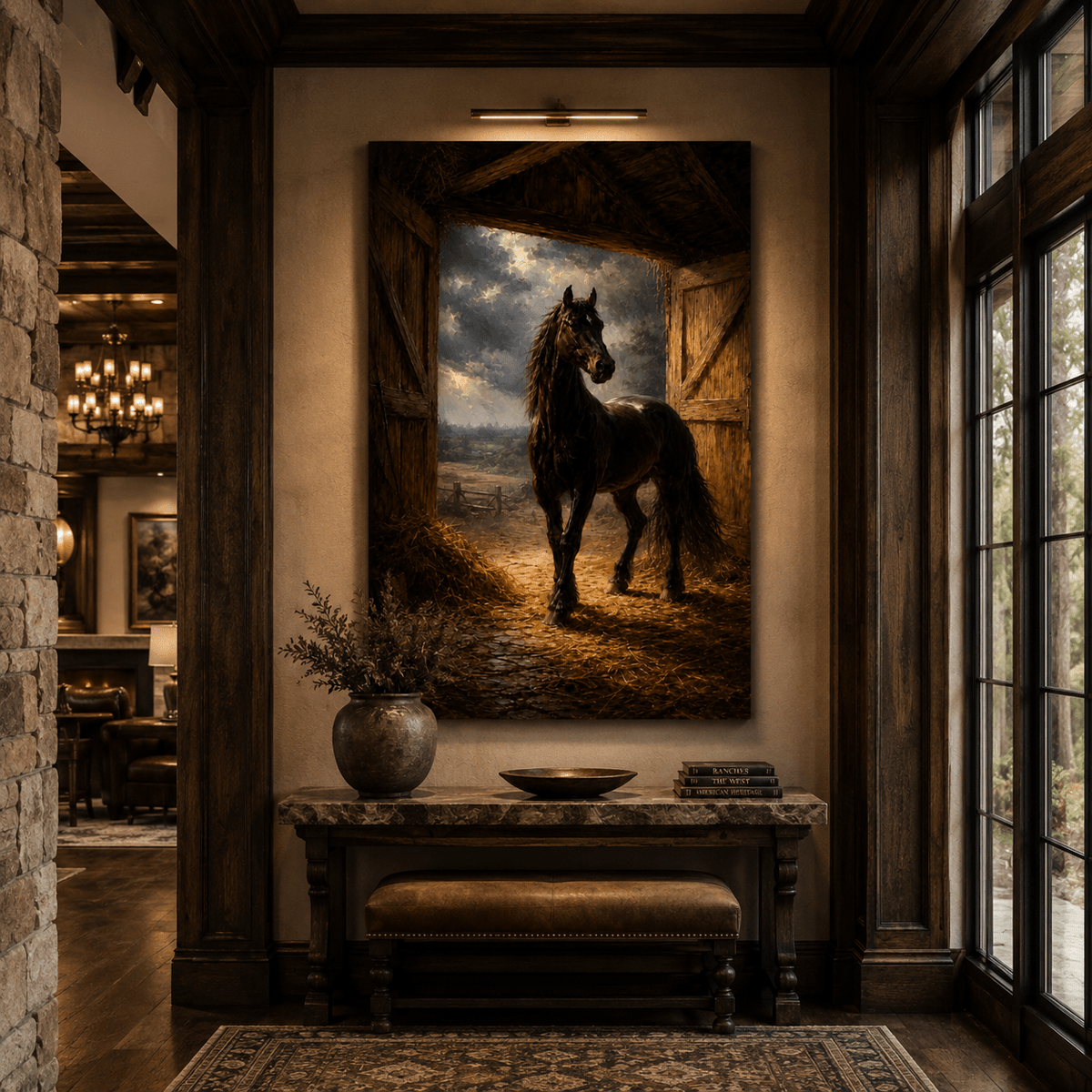 Barn Door Stallion – Black Horse Farmhouse Canvas Wall Art - ART OF ROYALS