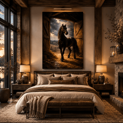 Barn Door Stallion – Black Horse Farmhouse Canvas Wall Art - ART OF ROYALS