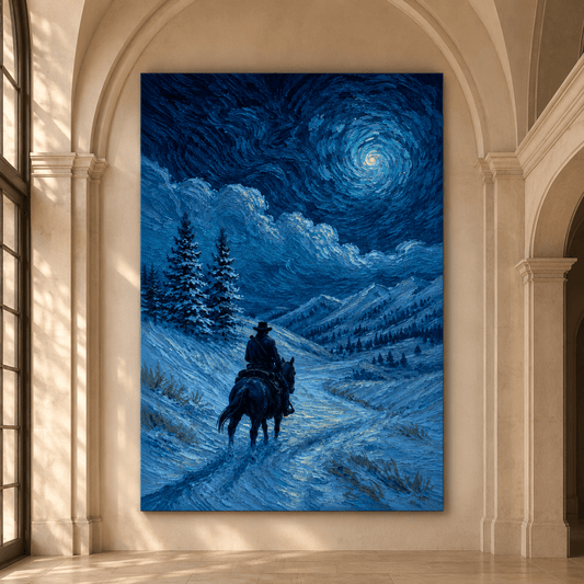 Starry Night Rider – Western Mountain Trail Canvas Wall Art - ART OF ROYALS