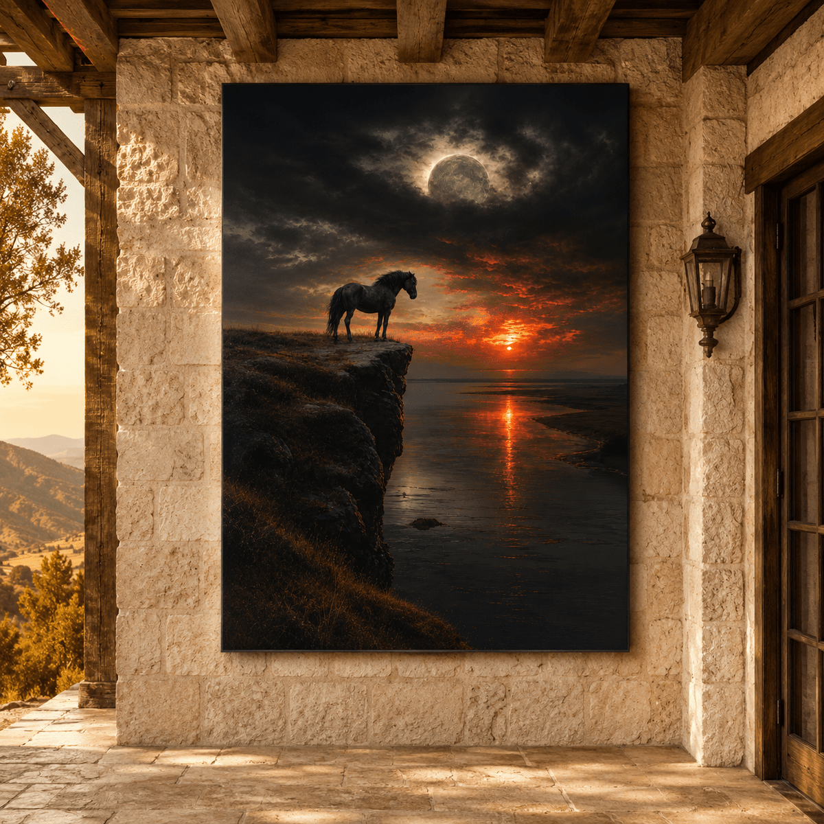 Cliffside Stallion – Wild Horse Moon and Sunset Canvas Wall Art - ART OF ROYALS