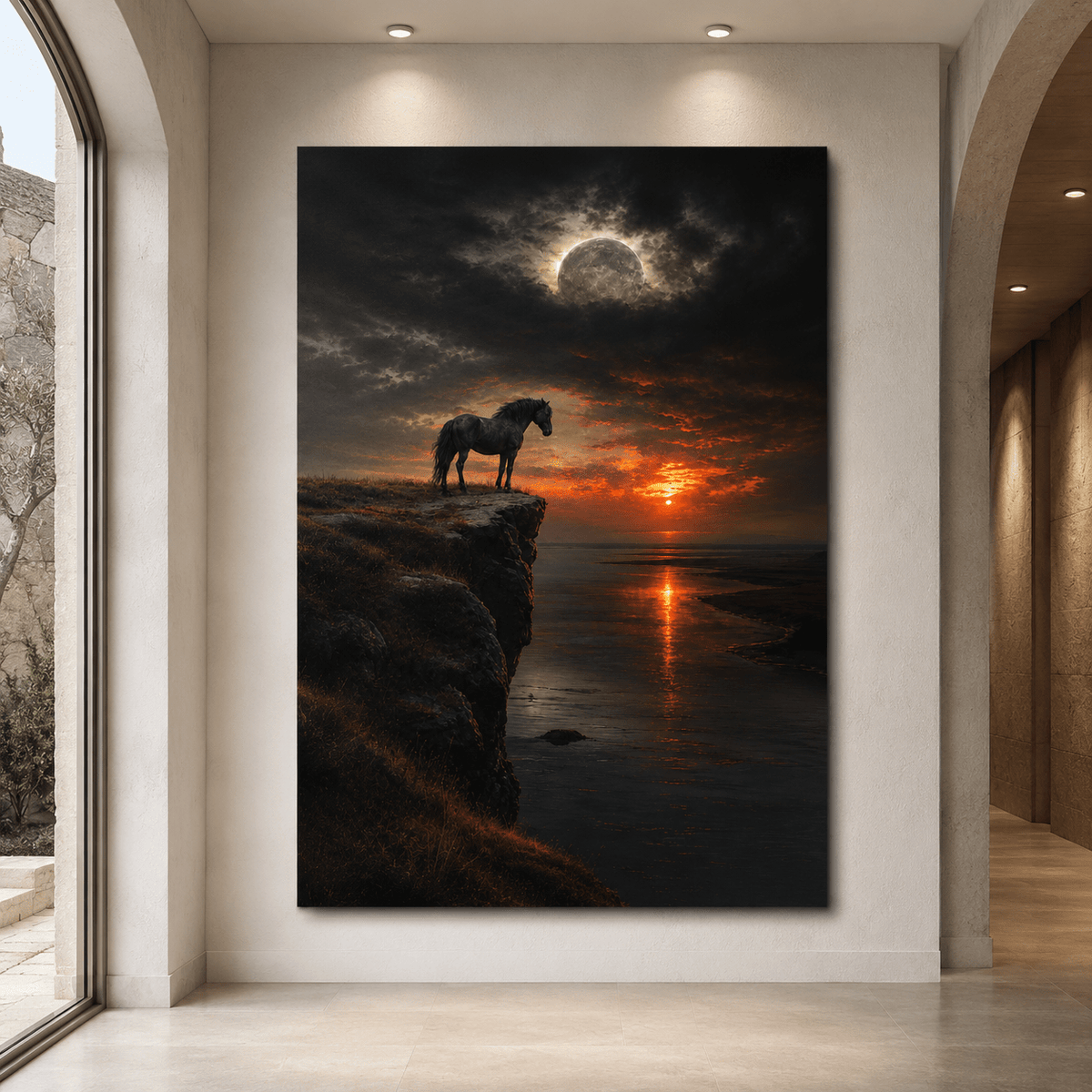 Cliffside Stallion – Wild Horse Moon and Sunset Canvas Wall Art - ART OF ROYALS