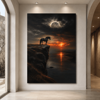 Cliffside Stallion – Wild Horse Moon and Sunset Canvas Wall Art - ART OF ROYALS
