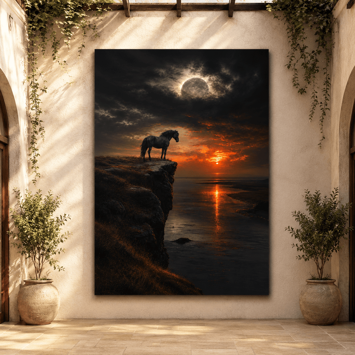 Cliffside Stallion – Wild Horse Moon and Sunset Canvas Wall Art - ART OF ROYALS