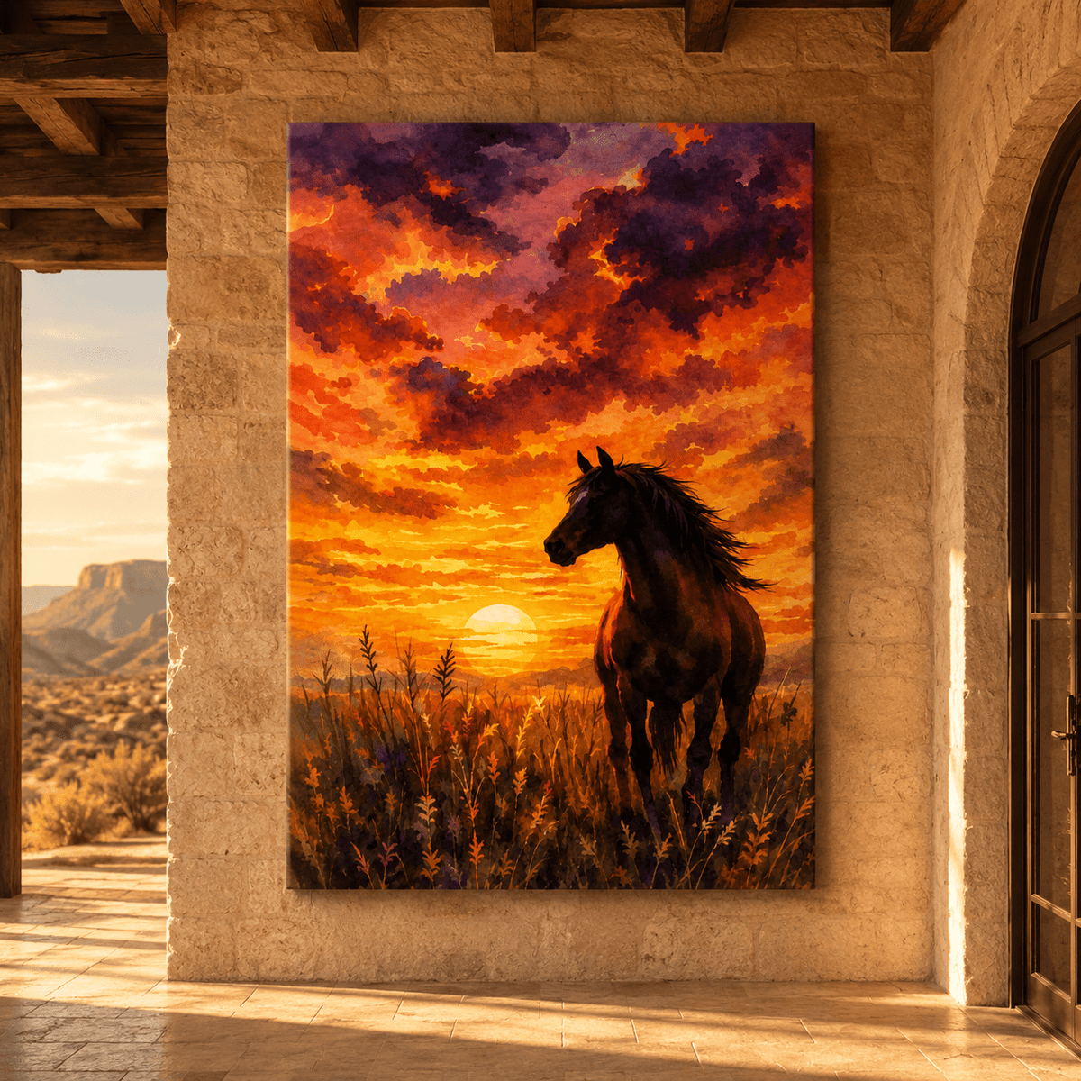 Wild Horse at Sunset – Western Watercolor Canvas Wall Art - ART OF ROYALS