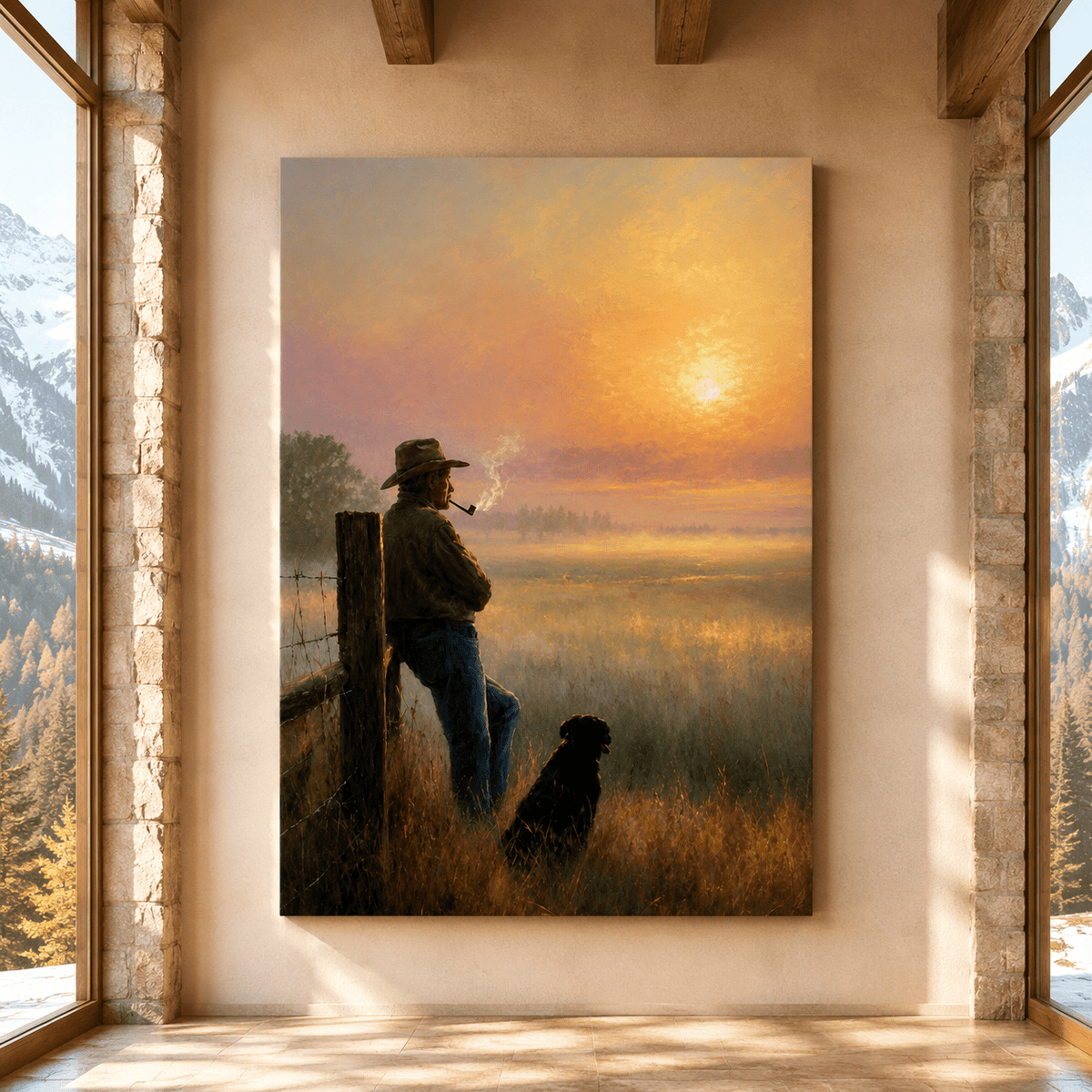 Rancher's Sunrise – Cowboy and Dog Fence Line Canvas Wall Art - ART OF ROYALS