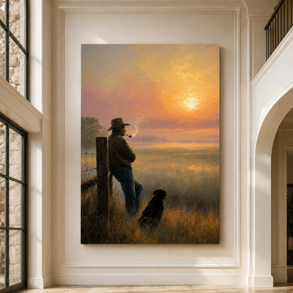 Rancher's Sunrise – Cowboy and Dog Fence Line Canvas Wall Art - ART OF ROYALS