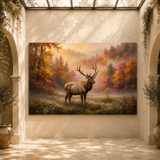 Autumn Majesty Noble Elk in Misty Forest Canvas Wall Art – Rustic Wildlife Nature Decor - ART OF ROYALS