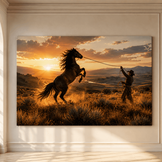 Breaking Free – Cowboy Roping Wild Horse Canvas Wall Art - ART OF ROYALS