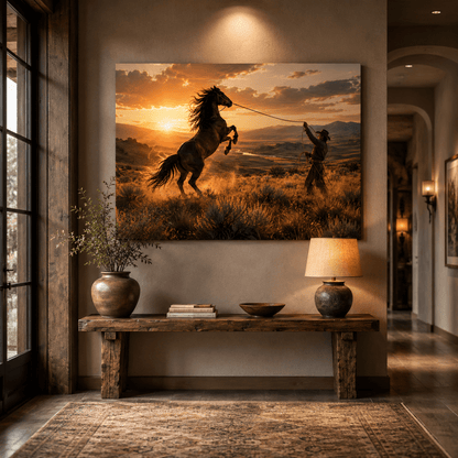 Breaking Free – Cowboy Roping Wild Horse Canvas Wall Art - ART OF ROYALS
