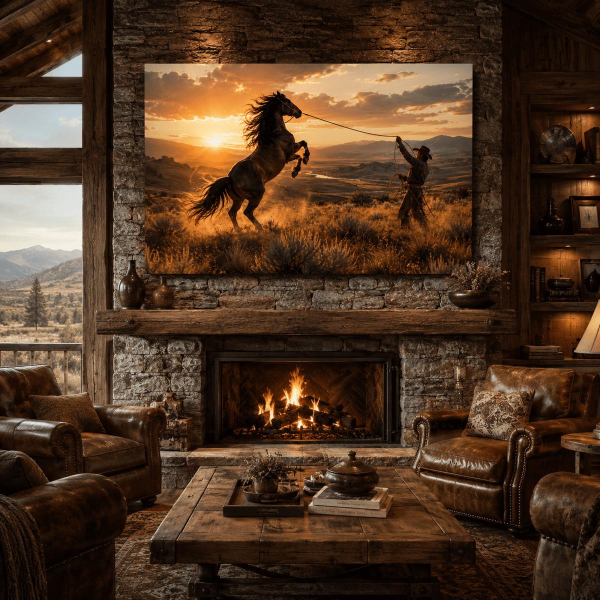 Breaking Free – Cowboy Roping Wild Horse Canvas Wall Art - ART OF ROYALS