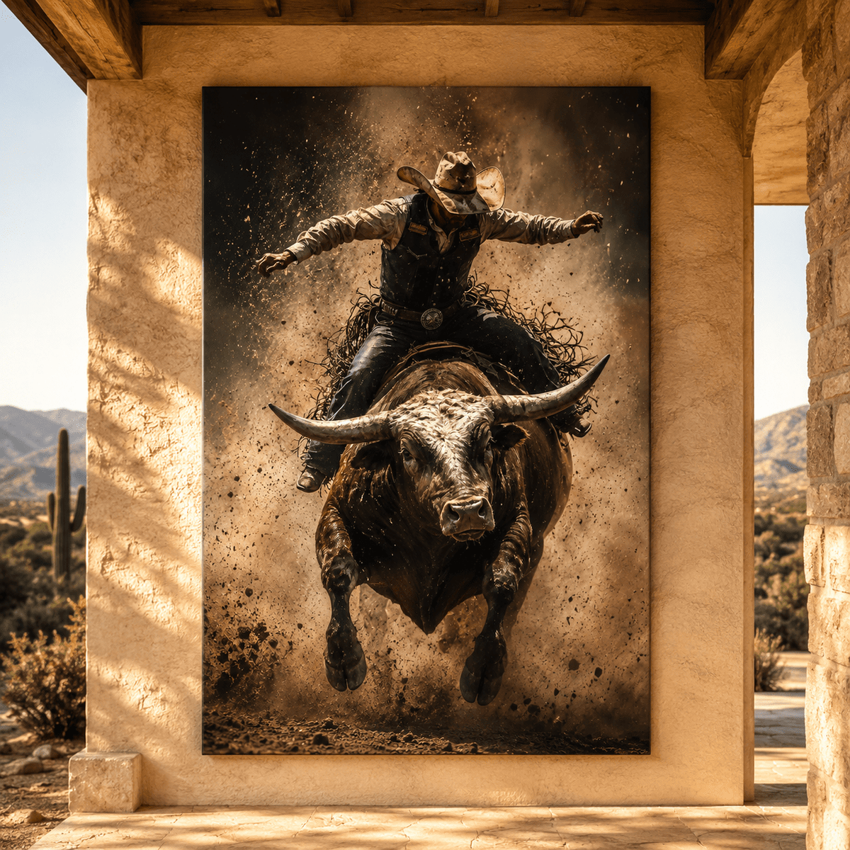 Hang On – Rodeo Bull Riding Action Canvas Wall Art - ART OF ROYALS