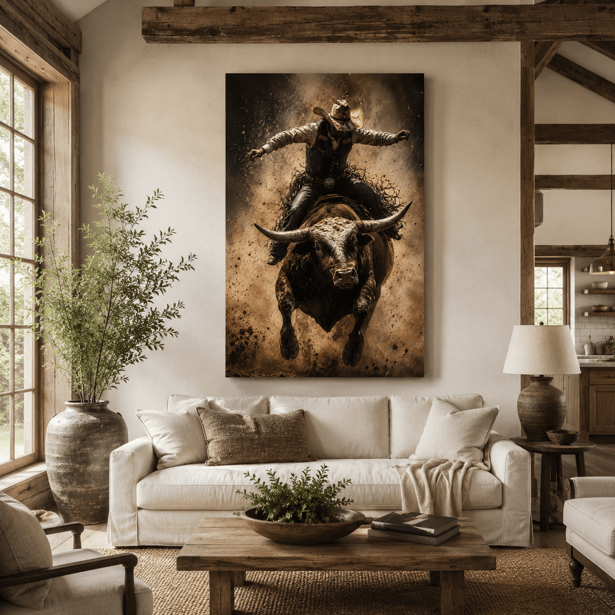Hang On – Rodeo Bull Riding Action Canvas Wall Art - ART OF ROYALS