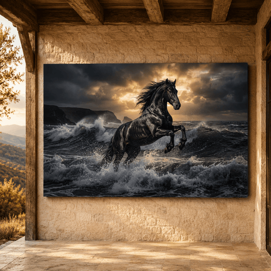 Black Stallion in Ocean Waves Canvas Wall Art – Majestic Horse Power & Dramatic Seascape Painting - ART OF ROYALS