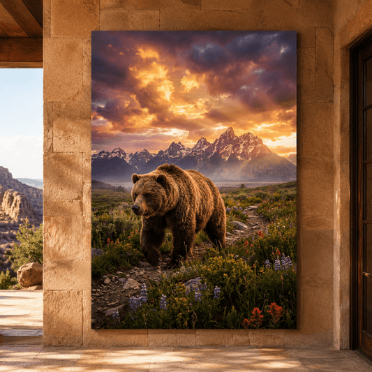 Majestic Grizzly Bear at Sunset Canvas Wall Art – Mountain Wilderness Wildlife Decor - ART OF ROYALS