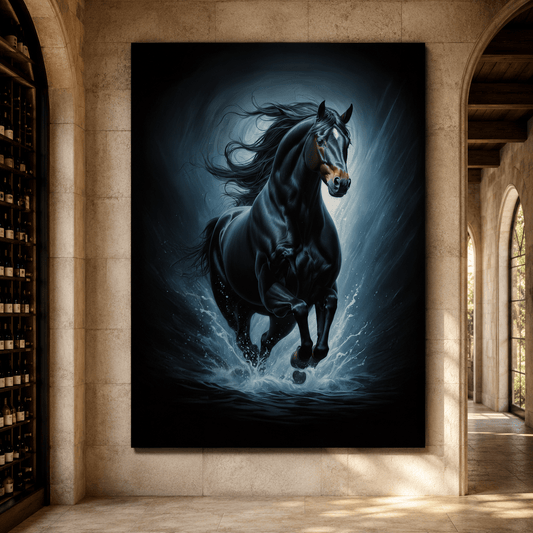 The Black Stallion Thunder in Motion Canvas Wall Art – Dark Horse Storm Decor - ART OF ROYALS